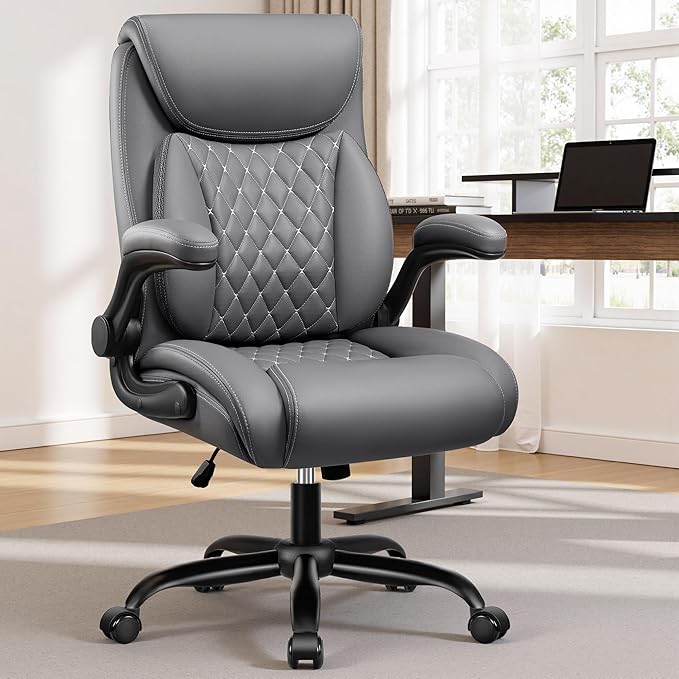 BESTFAIR Office Chair, Ergonomic Computer Desk Chairs with Lumbar Support for Lower Back Pain Relief, Executive Leather Home Chair Comfy with Padded Flip-up Armrests, Gray, 2-Pack