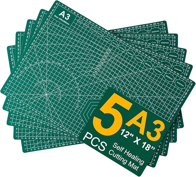 A3 Self Healing Cutting Mat Set, 5 Pack Double-Sided PVC Cutting Mats for Crafts with Inch, Metric, and Angle Guides for Sewing, Quilting, and DIY Cutting