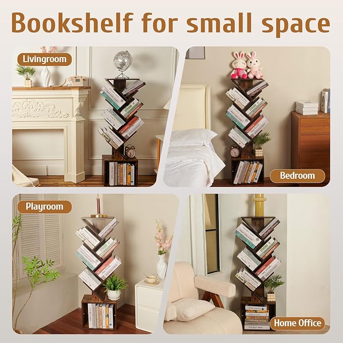 7 Tier Tree Book shelf, Small Bookcase with Reading Planner and Activity Panel, Modern Floor Standing Corner Tall Narrow Storage Cabinet Bookshelves for Home Office Bedroom Living Room (Rustic Brown)