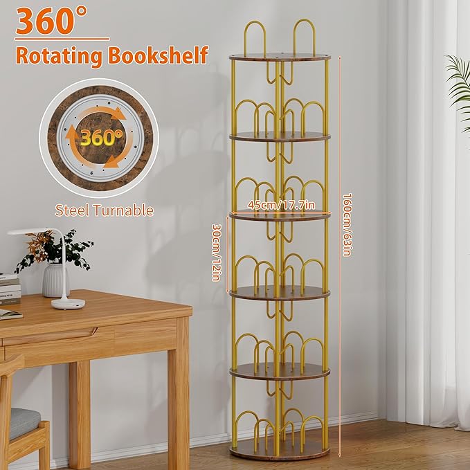 5 Tier Rotating Bookshelf, 360° Spinning Bookshelf Tower, Narrow Corner Book Shelf, Revolving Bookcase Corner Tall Book Shelf for Small Spaces, Bedroom, Living Room, Gold