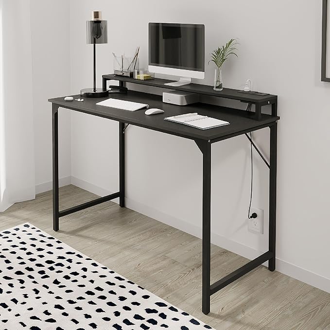 Realspace® Rezio 47" Computer Desk with Hutch and Integrated Power, Black, BIFMA Compliant