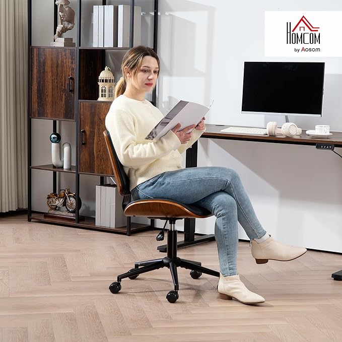 HOMCOM Home Office Chair No Arms with Wheels, PU Leather Mid Back Small Desk Chair with Adjustable Height, 360 Degree Swivel for Office, Reading, Meeting Room, Black