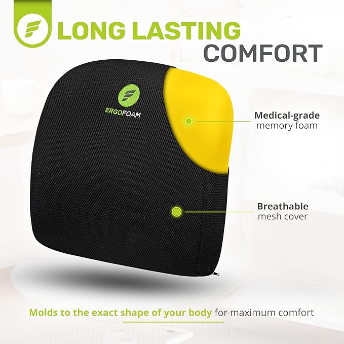ErgoFoam Adjustable Foot Rest (Teardrop, Velvet, Black) and Lumbar Support Pillow Bundle