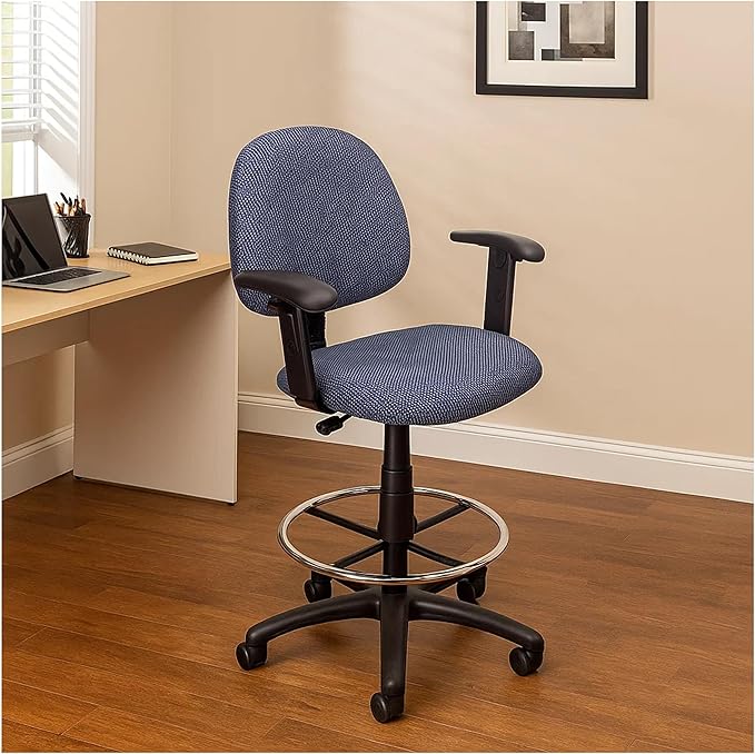 Benzara Jea Drafting Stool Chair, Adjustable Arms, Blue Tweed, Round Footring