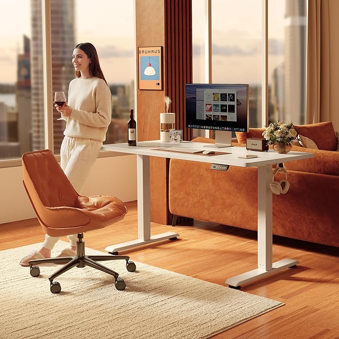FEZIBO Standing Desk, 55×28 Inches Electric Height Adjustable, Sit Stand Up, Computer Office Desk with Splice Board, While Frame/While TOP