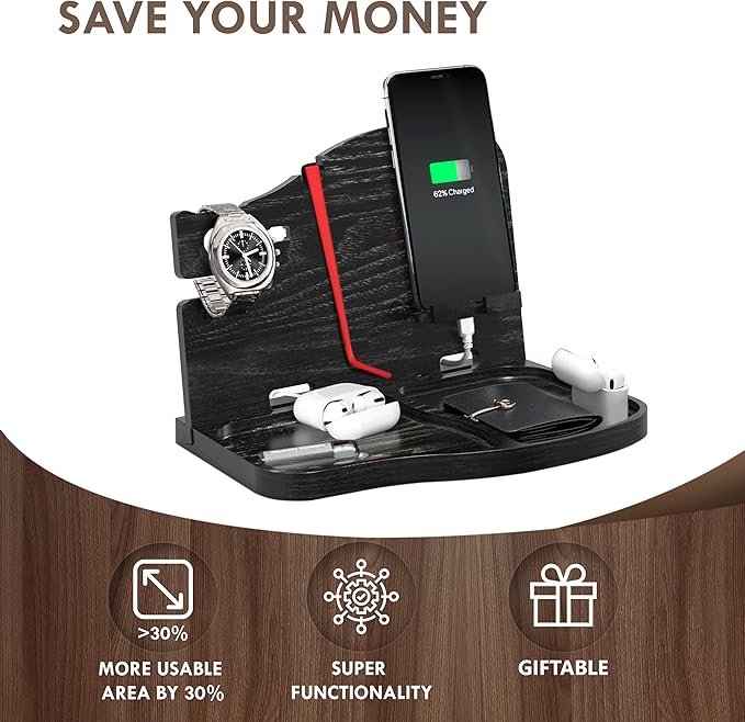 BarvA Wood Docking Station | Phone Stand & Desk Organizer | Night Stand Charging Station & Phone Holder | Compact Nightstand Organizer for Men's Accessories | Ideal Gifts for Men