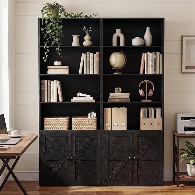 YESHOMY Farmhouse Bookshelf and Bookcase with Doors, Industrial Bookshelves and Bookcases Floor Standing Display 6-Tier Shelf Storage Shelves 71.5 inchs for Home Office, Living Room, Black, 2 PCS