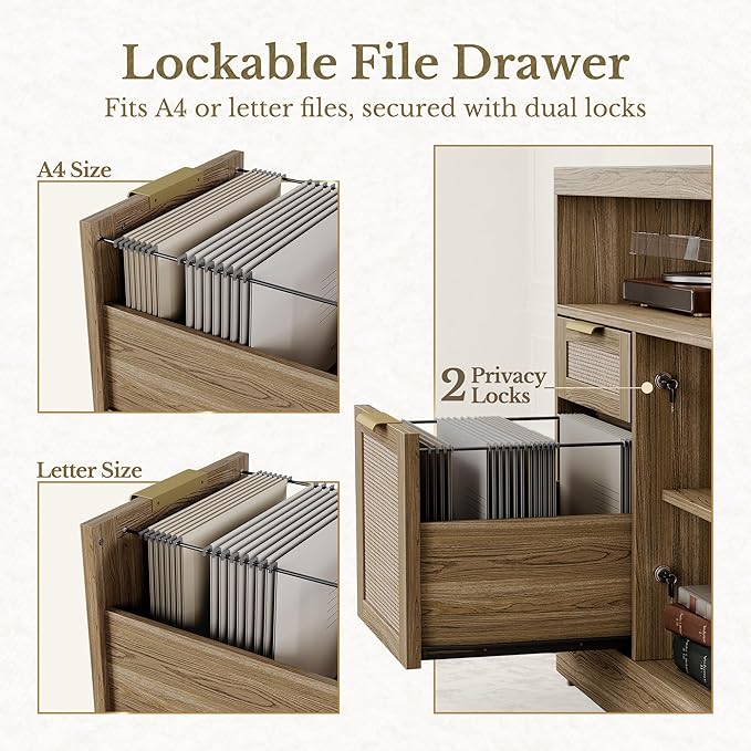 Home Office Furniture Set, 48'' Standing Desk with 73'' Bookshelf, Electric Height Adjustable Desk with 2 File Cabinet, Bookcase with Doors, Rattan Office Furniture Sets, Natural Oak