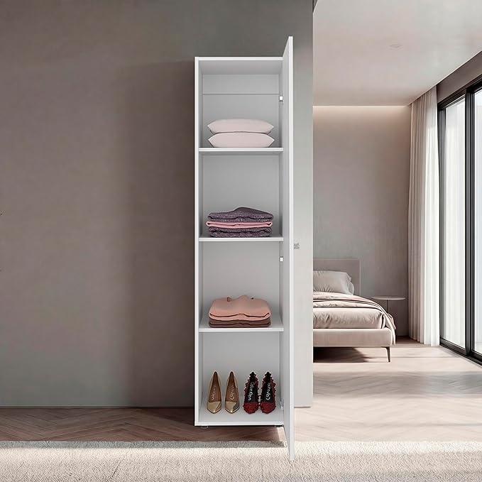 Saily Storage Cabinet with 4 Shelves and Mirror on Door, Modern Design, White Mirror on Door: Includes a full-length mirror, making it convenient for quick outfit checks. Easy Access: Features a si