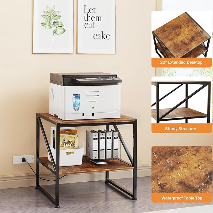 2-Tier Large Priner Stand with Charging Station, 20" Under Desk Printer Table with Power Outlets and USB Ports for Home Office, Heavy Duty Storage Rack for Scanner Fax Machine Heat Press, Rustic Brown