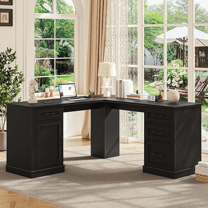 Vabches Farmhouse 59" L-Shaped Executive Desk with Drawers, Wood Home Office Corner Desk with Charging Station, File Drawer, Storage Cabinet, Rustic Computer Writing Desk for Home Office(Black