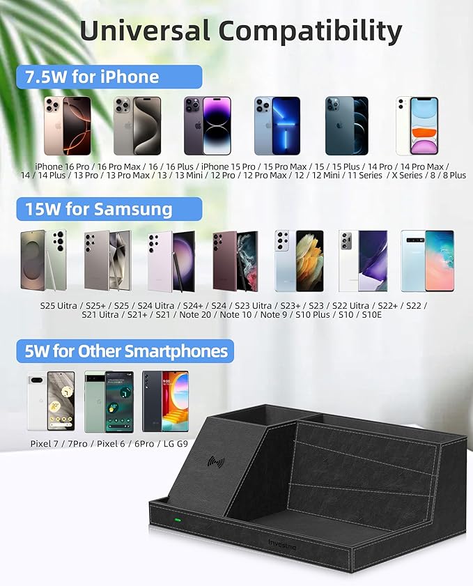 Wireless Charger with Desk Organizer, Fast Charging Station for iPhone 16/15/14/13/12/11 Pro Max, Desk Phone Charger Stand, Desktop Nightstand Organizer Pen Holder for Home Offfice Supplies