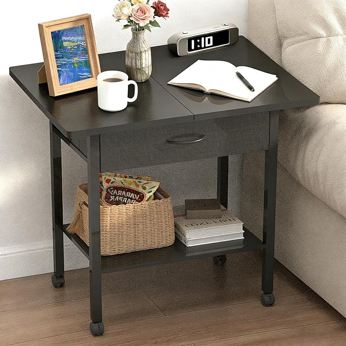 22" x 15" Under Desk Rolling Printer Stand, 2-Tier Industrial Mobile Printer Table with Strong Fabric Drawer, Storage Shelf, Steel Frame and Lockable Wheels, Printer Cart for Home Office (Black)