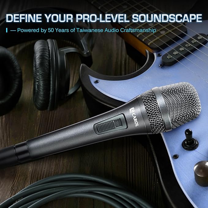 CAROL AC-910S XLR Wired Vocal Microphone – Dynamic Cardioid Mic with AHNC Dual-Engine Noise Cancelling Tech for Singing, Karaoke, Stage & Studio, Includes Mic Clip, 14.8ft XLR Cable & On/Off Switch