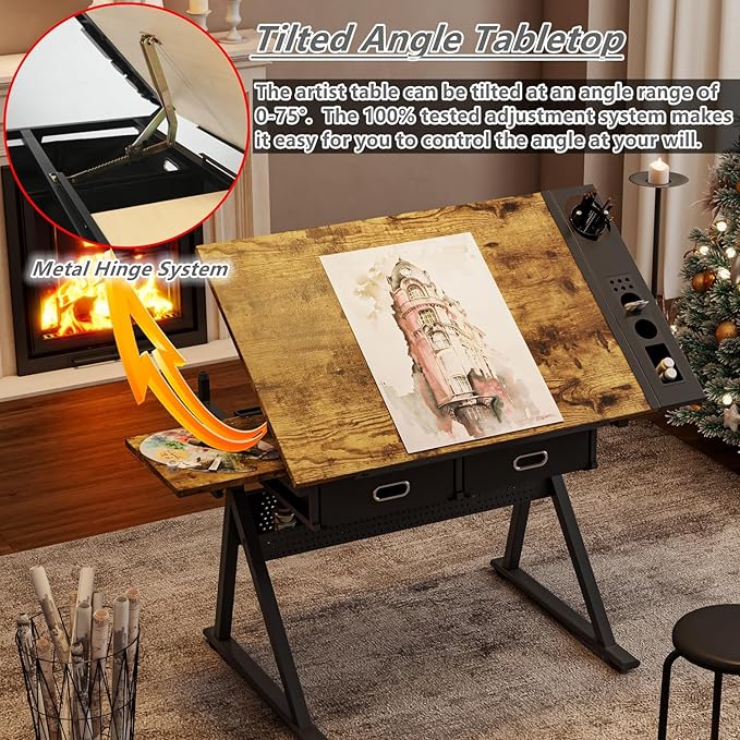Drafting Table with Stool, Height Adjustable Drawing Table Art Table Painting Table Art Craft Desk with 0-75° Tilting Tabletop and Storage Drawers, Rustic