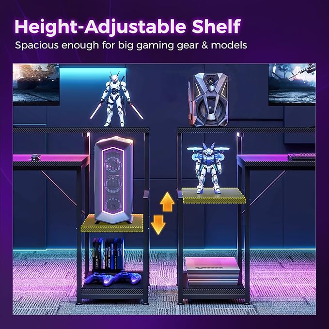 AODK Gaming Desk, 55 Inch Computer Desk with Led Lights, Office Desk with PC Tower Stand, Reversible Desk with Monitor Shelf & Headphone Hook, Carbon Fiber Black