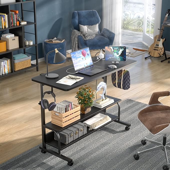Armocity Rolling Standing Desk with Power Outlets, 39" Manual Height Adjustable Mobile Computer Desk with Wheels, Small Portable Sit Stand Laptop Couch Table for Bed & Sofa Home Office, Black
