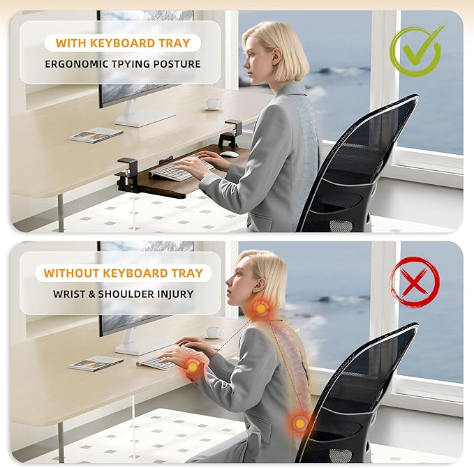 ERGOMAKER Keyboard Tray Under Desk, Pull Out Keyboard Tray with C Clamp Mount, 25.6" (29.7" Including Clamps) x 11.8" Slide-Out Platform Computer Drawer for Typing, Keyboard & Mouse Tray, Rustic Brown