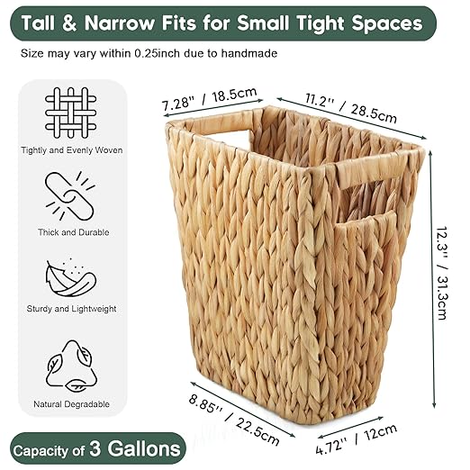 3 Gallon Wicker Trash Can, Woven Water Hyacinth Wicker Waste Basket for Bathroom, Small Trash Can for Bedroom, Rectangular Garbage Can for Boho Decor Bedroom Bathroom