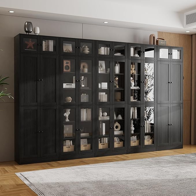 VOWNER 85.5" Tall Wooden Bookshelf 5 Sets, Storage Cabinet with Glass Doors, 7 Tier Bookcase for Living Room, Pantries with Doors and Shelves, Modern Large Storage for Home Office (Black)