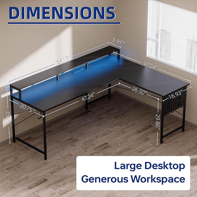 Pamray 64 Inch L Shaped Gaming Desk with Power Outlets and Led Lights, Large Corner Computer Desk with Monitor Stand and Pegboard, PC Table for Home Office and Bedroom Vintage
