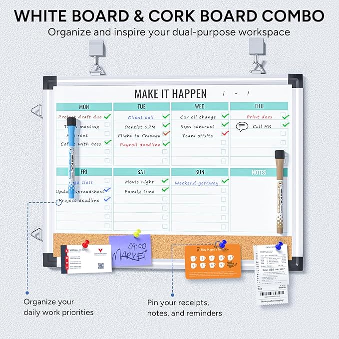Marsrock Weekly Calendar Whiteboard and Cork Board Combo for Wall, 17"x13" Reversible Hanging Dry Erase Board, Double Sided White Board with Aluminum Frame for Planning, Office, Kitchen, School, Home