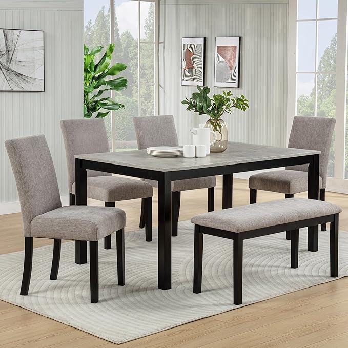 6-Piece Dining Table Set with Bench Solid Wood Kitchen Table with Concrete-Effect Tabletop and 4 Upholstered Chairs Comfortable Seating for Kitchen Restaurant Grey and Black