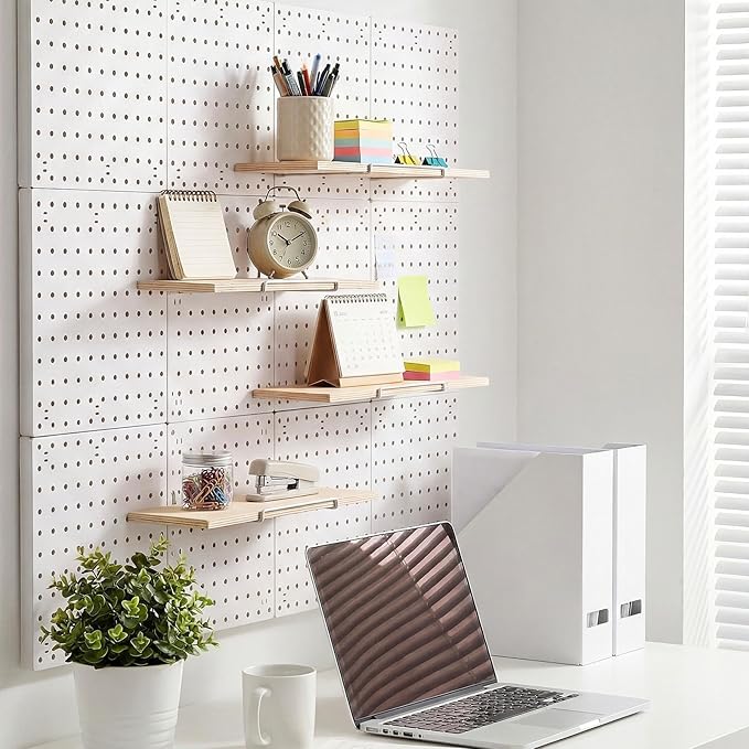 Wonderjune 4 Pcs Wooden Pegboard Shelves with Metal Pegboard Shelf Brackets Peg Board Display Storage Tray Wall Organizer Peg Board Accessories for Craft Room Home Kitchen (Brown,13.78 x 5 Inch)