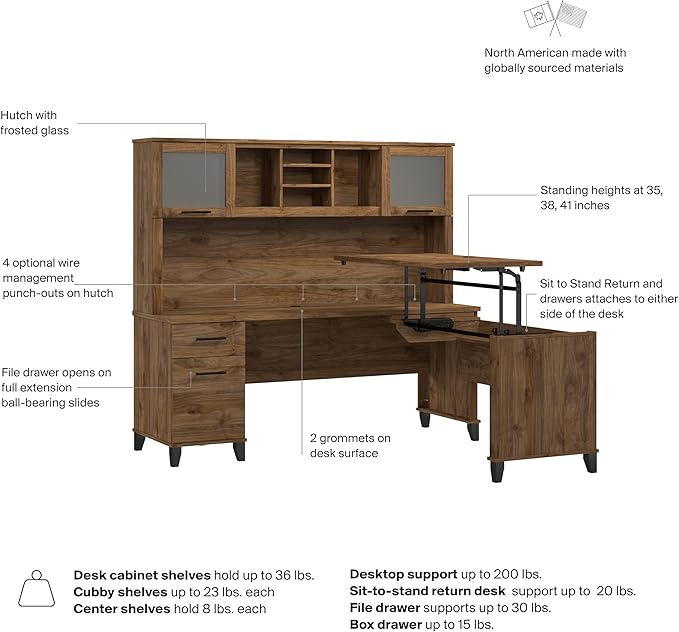 Bush Home Somerset 72W 3 Position Sit to Stand L Shaped Desk with Hutch in Fresh Walnut | Adjustable Height Table for Home Office