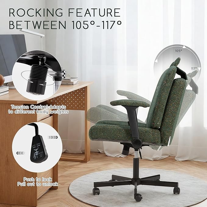 HOMREST Criss Cross Chair with Arms and Castors,Plus Size Cross Legged Office Chair with Extra Wide Seat&Flexible Back Cushion,Cute Comfy Desk Chairs for Home Office,Vanity,Reading(Christmas Green)