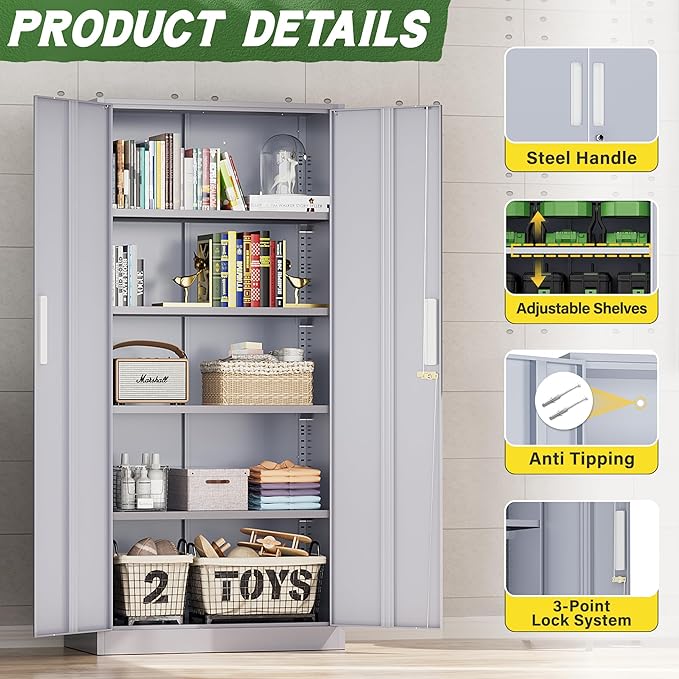 Greenvelly Metal Storage Cabinet,Dark Gray Steel Garage Cabinet with Doors and Adjustable Shelves, Metal Cabinet with Lock,Garage Cabinets and Storage System for Garage,Home Office,School