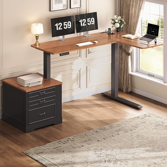 SEDETA Farmhouse L Shaped Electric Standing Desk, 70.9" x 39.4" Height Adjustable Office Executive Desk with 3 Drawers, Standing Computer Desks with Power Outlet for Home Office, Black