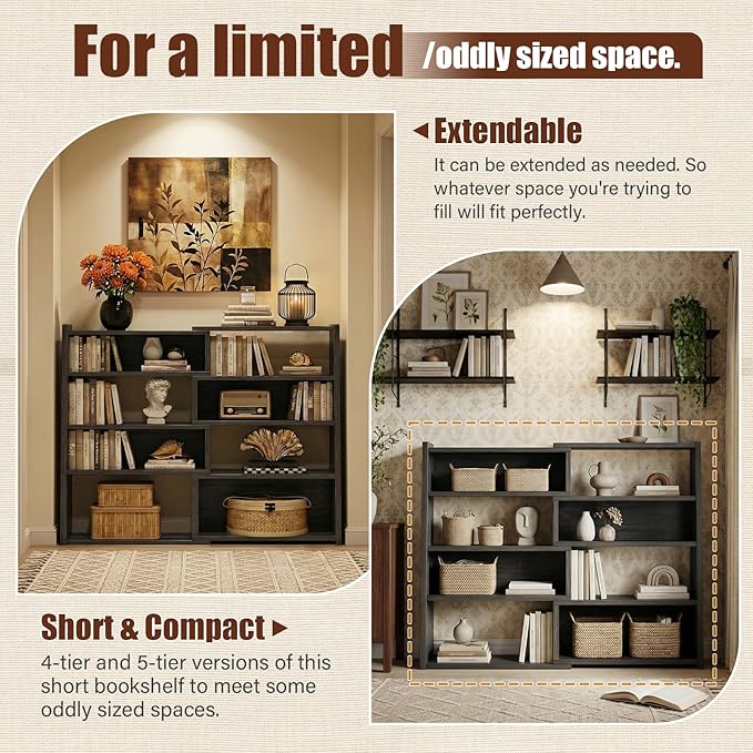 Armocity Expandable Bookshelf, Short Corner Bookshelf for Small Spaces, Small Ladder Book Shelf, Extendable Wood Narrow Bookcase for Living Room, Bedroom, 5 Tier, Grey Oak