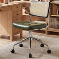Zesthouse Mid Century Home Office Chair, Armless Desk Chair with Rattan Back, Adjustable Height Task Chair Vanity Chair for Girls Women, Upholstered Swivel Chair, Green Faux Leather