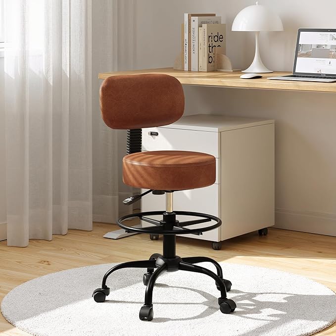 Drafting Chair with Back Support, Adjustable Foot Rest Rolling Stool, 360° Swivel Office Desk Chair with Wheels, Thick Seat Cushion for Home Bar Salon Tattoo Shop (2, Brown)