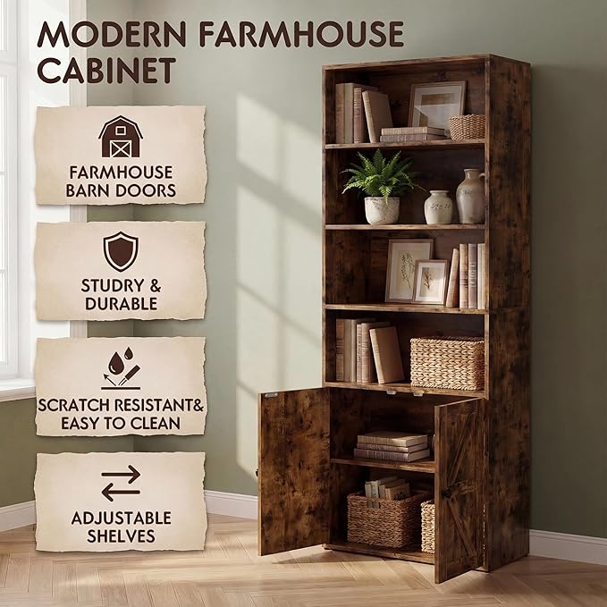 YESHOMY Farmhouse Bookshelf and Bookcase with Doors, Industrial Bookshelves and Bookcases Floor Standing Display 6-Tier Shelf Storage 71.5 inchs for Home Office, Living Room, Rustic Brown, 1 PCS