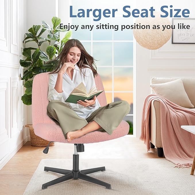 DUMOS Criss Cross Chair No Wheels, Legged Office Desk Armless Chiar Wide Seat, Adjustable Swivel Teddy Fabric Task Vanity Chairs for Home Bedroom, Pink
