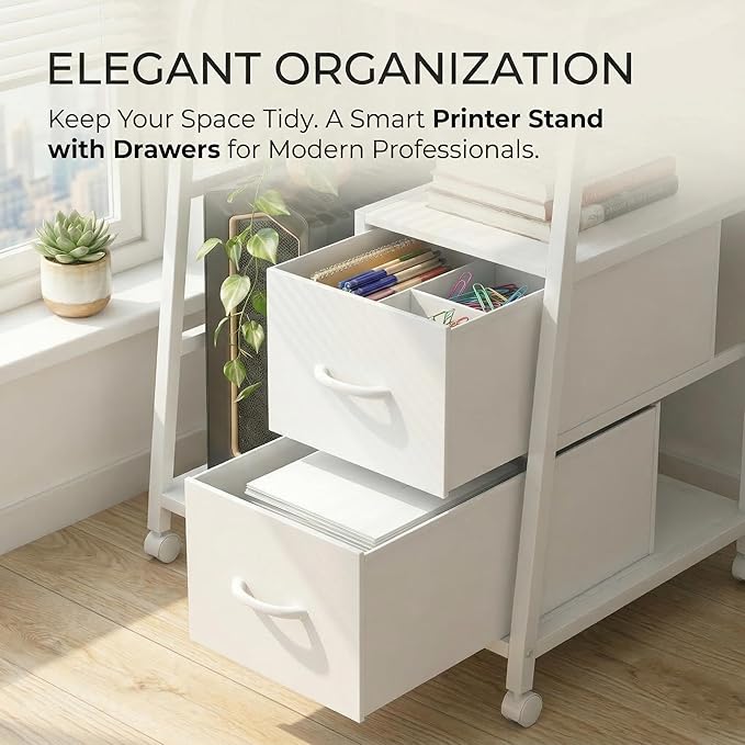 Printer Stand Featuring Fabric Drawers, Under Desk Host Computer Cabinet and Shredder Shelf, Heavy Duty Printer Stand with Storage Workstation Organization Printer Table for Home Office