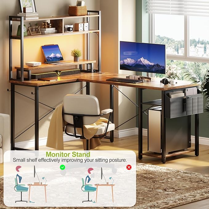 Besiost Small L Shaped Gaming Desk with Power Outlets, 48" Reversible L Shaped LED Computer Desk with Monitor Stand & Storage Shelf, Corner Gamer Desk Home Office Desk with Storage Bag, Rustic Brown