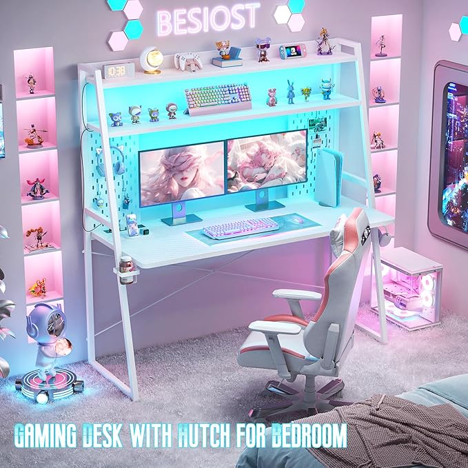 Besiost Gaming Desk with Hutch and LED Lights, Gaming Computer Desk with Power Outlets, Gamer Desk with Storage Shelves, PC Game Desk with Pegboards for Bedroom, Carbon Fiber White, 49"