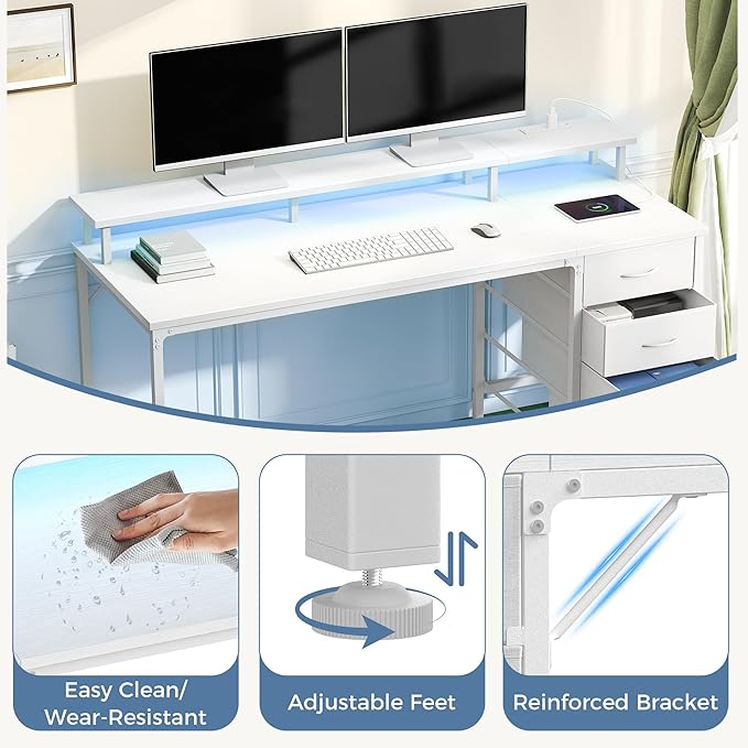 DUMOS 47 Inch Computer Desk with 4 Drawers,4 Drawer Gaming Desk with Power Outlets and LED Lights,Office Desk for Small Spaces with Monitor Shelf,Writing Desk for Home Office,Bedroom, Study,White