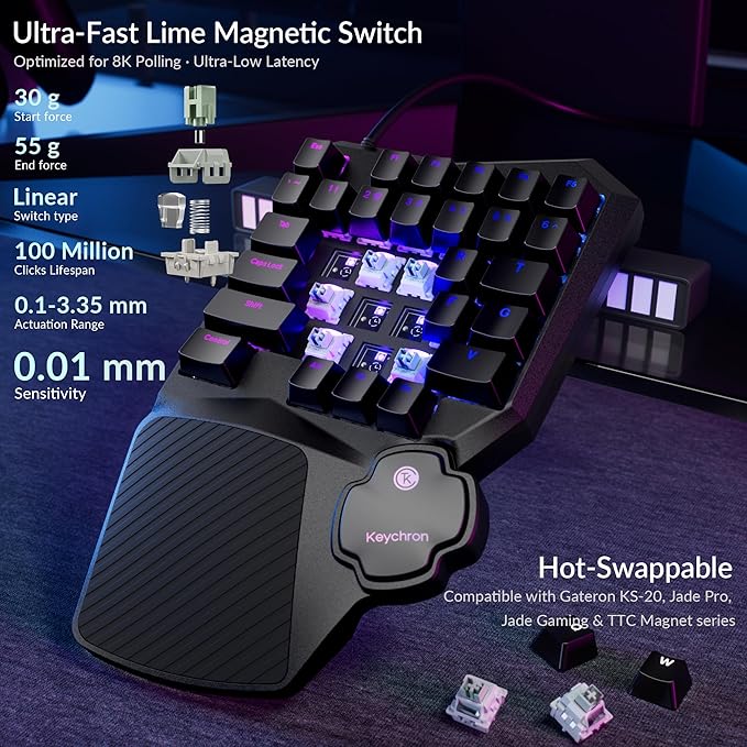Keychron C0 HE 8K Wired One-Handed Gaming Keypad, Rapid Trigger Hall Effect Magnetic Switches, 35 Programmable Keys, Per-Key RGB Lighting, Web-Based Configurator, Compatible with Windows & macOS