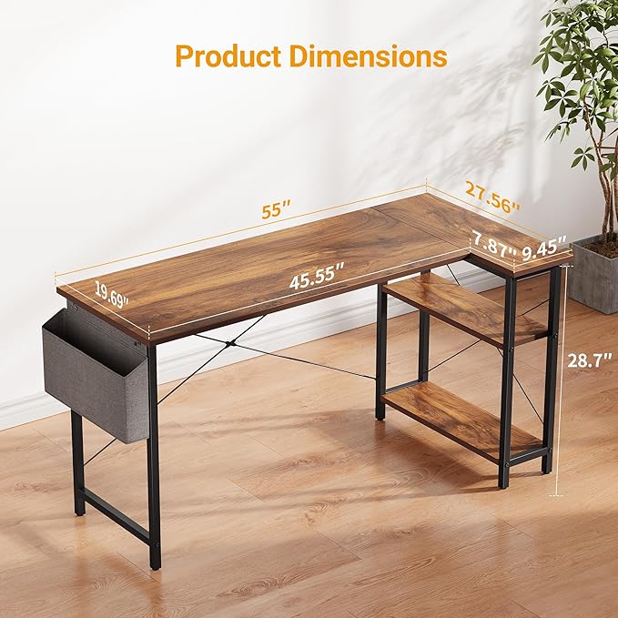 CubiCubi L Shaped Desk, 55" Computer Table with Reversible Storage Shelves Home Office Corner Study Writing Gaming, Brown