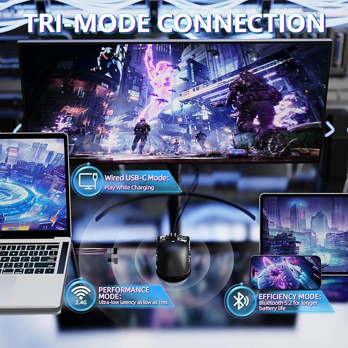 MAMBASNAKE Attack Shark X11SE Lightweight Wireless Gaming Mouse, Tri-Mode 2.4G/USB-C Wired/BT, 22K DPI, PAW3311 Optical Sensor, 59g, 5 Programmable Buttons, 300mAh Battery for PC/Mac(Black-Griptape)