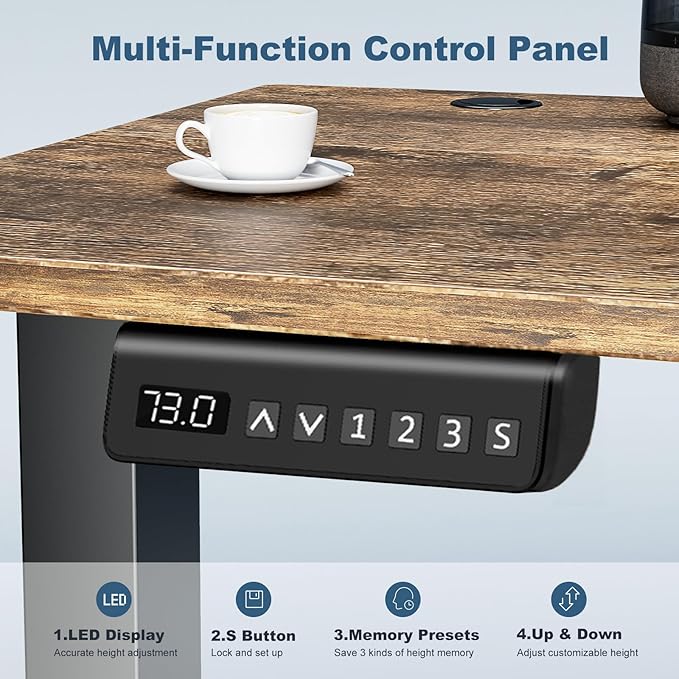 DUMOS 63 Inch Electric Standing Desk Height Adjustable, Sit to Stand Computer Workstations Large Work PC Table Home Office Writing Gaming Desks with Memory Presets for Walking Pad, Bedroom, Rustic