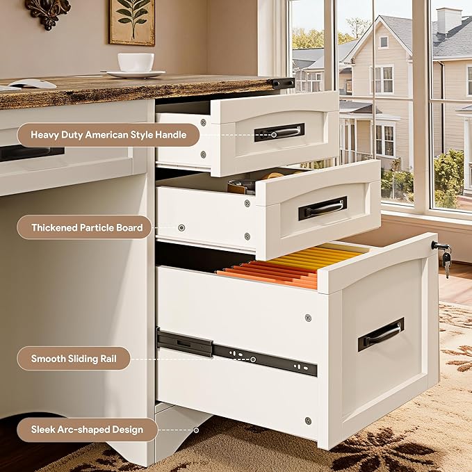 Decofy Farmhouse Executive Desk with Drawers, 55" Home Office Desks with Fast Charging Station, Lockable File Cabinet, Wood Writing Computer Desk for Work, Study, White