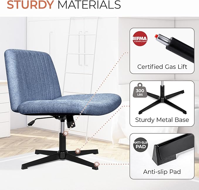 Orange Factory Criss Cross Chair No Wheel Wide Cross Legged Office Desk Vanity Chair Comfy Fabric Armless Adjustable Swivel for Home Computer Task (Blue No Wheel, Classic Fabric)