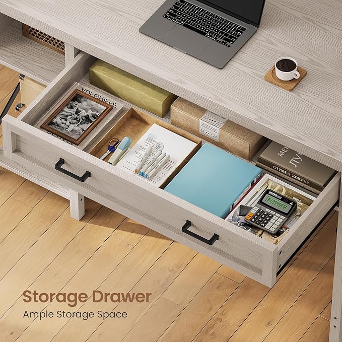 SEDETA Farmhouse Small Desk with Drawers, 40" Computer Desk with Storage Shelves, Writing Desk for Small Space and Power Outlet, Desk for Bedroom, Home Office, Mahogany Grey