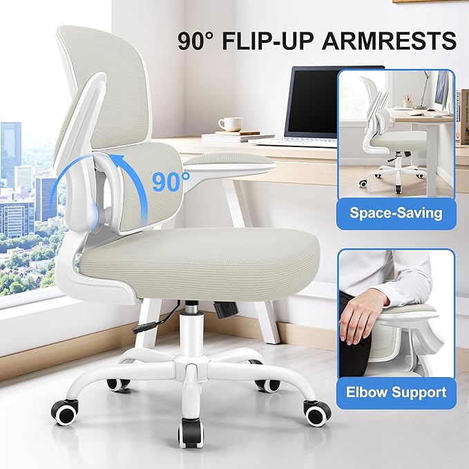 ALLGOD Ergonomic Office Chair, Breathable Mesh Ergonomic Desk Chair with Adjustable Lumbar Support, Flip-up Armrests, Computer Chairs Comfortable for Home, Office, Work, 300lbs, White, Upgrade