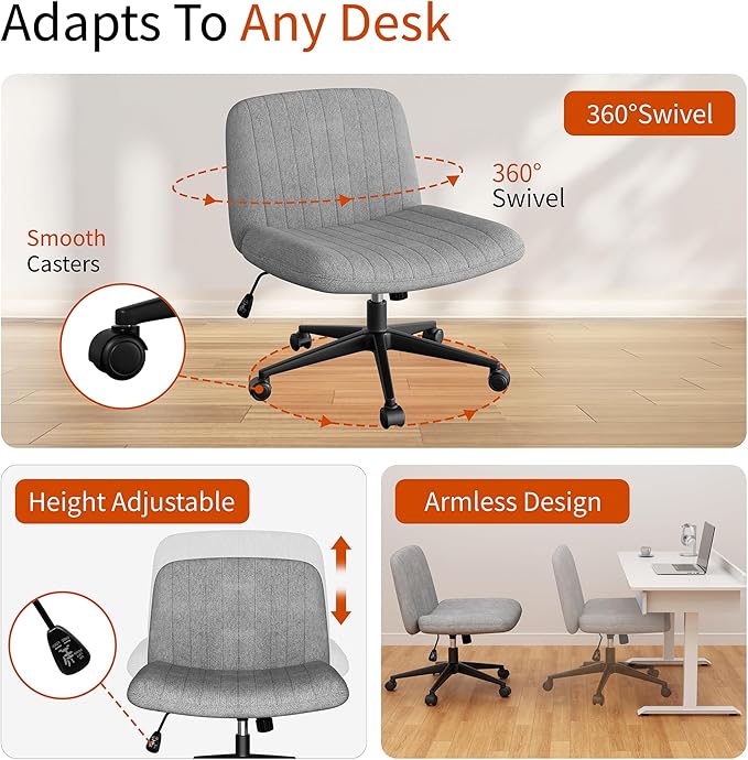 Meilocar Criss Cross Chair with Wheels, Cross Legged Office Chair, Armless Office Chairs Adjustable Height Swivel Tilting Fabric Vanity Chairs for Home Bedroom (Grey)
